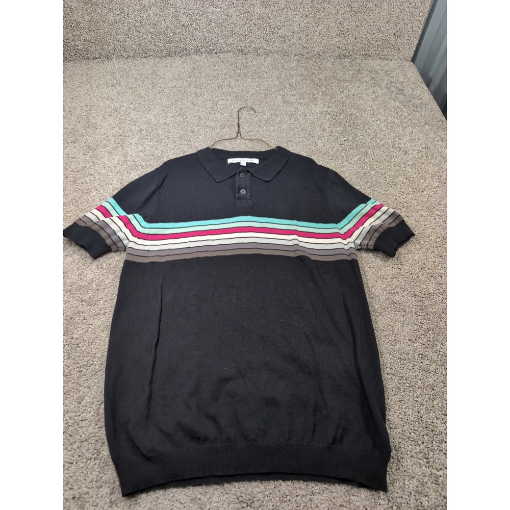 Parke & Ronen Mens Knit Sweater Polo Shirt‎ Black Striped Short Sleeve Size L